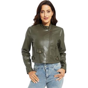 Chaqueta de piel sintética verde para mujer, de talla grande, longitud corta, con capucha, personalizada, sólida, Occidental, otoño, primavera, poliéster, cuero PU teñido - Product Image 3
