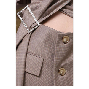 A cuadros de mujeres Irregular <span class=keywords><strong>Mujer</strong></span> Chaquetas de manga larga Cruz vendaje hebilla de dos <span class=keywords><strong>traje</strong></span> de abrigo - Product Image 6