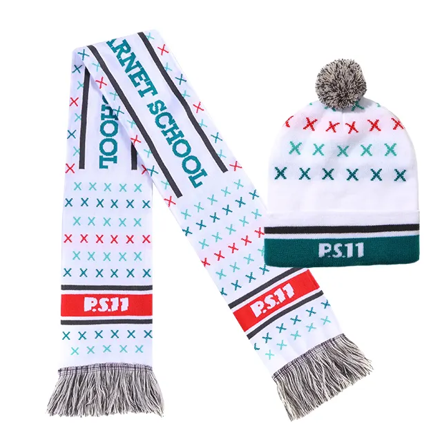 Bán buôn đôi bên dệt kim kỷ niệm cổ vũ chiếc khăn và Bobble hat tùy chỉnh người hâm mộ bóng đá khăn và Beanie