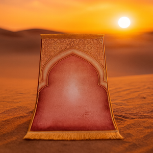 Cornice ad arco dorato con illusione moschea blu, ispirata ai sogni di pellegrinaggio, tappeto da preghiera islamico in morbido velluto - Product Image 3