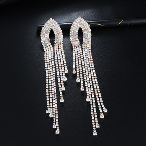 Europe United States New Rhinestone Tassel <b>Long</b> <b>Earrings</b> Simple Multi-Layer Temperament Exaggerated Alloy Antique <b>Silver</b> Plated - Product Image 4