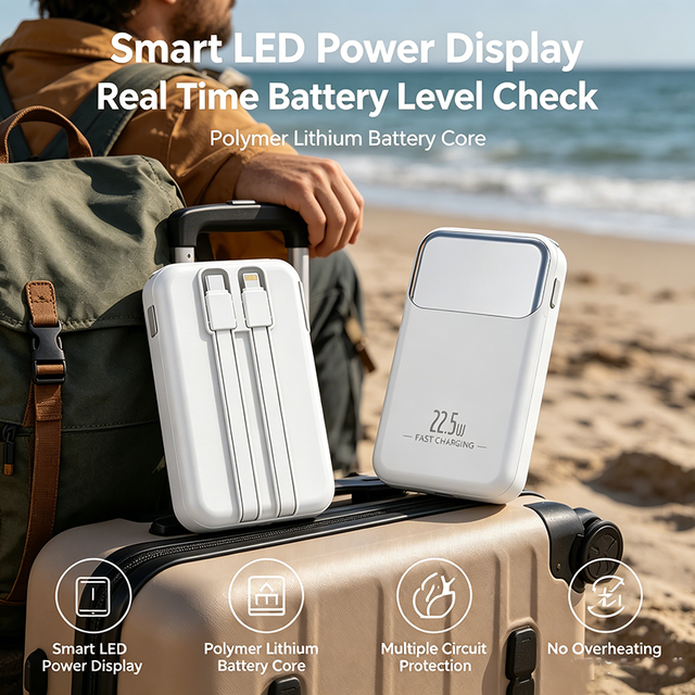 Hot Selling 3 in 1 Travel Charger Power Bank With US EU Plug Built in 2 Cables 22.5W PD QC Fast Charge 4 Devices Simultaneous