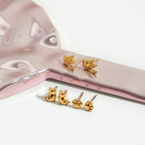 Pendientes con forma de pata de gato y pájaro, color dorado, forma de animal, acero inoxidable, conjunto de regalo de joyería de moda para mujer - Product Image 4