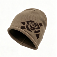 Gorro de punto jacquard con borde enrollado y diseño de rosas, gorro holgado con logotipo personalizado, gorro de punto al por mayor, gorro con cierre de cordón