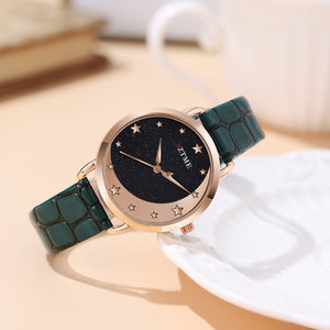 Montre pour femme en or rose, cadran ciel étoilé, bracelet en cuir gaufré croco bordeaux, montre-bracelet à quartz tendance - Product Image 5