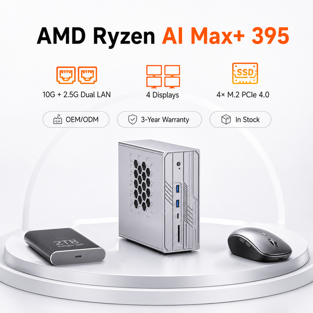 AI Mini PC AMD Ryzen AI Max+ 395 16Cores with AMD Radeon 8060S Desktop Computer 128G DDR5 RAM 4T PCIE 4.0 SSD