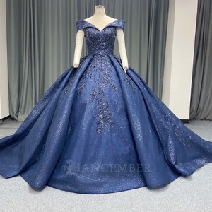 ANY259 <b>Glitter</b> Navy <b>Blue</b> Off Shoulder Lace Pattern Evening Ball Gown Drersses - Product Image 1
