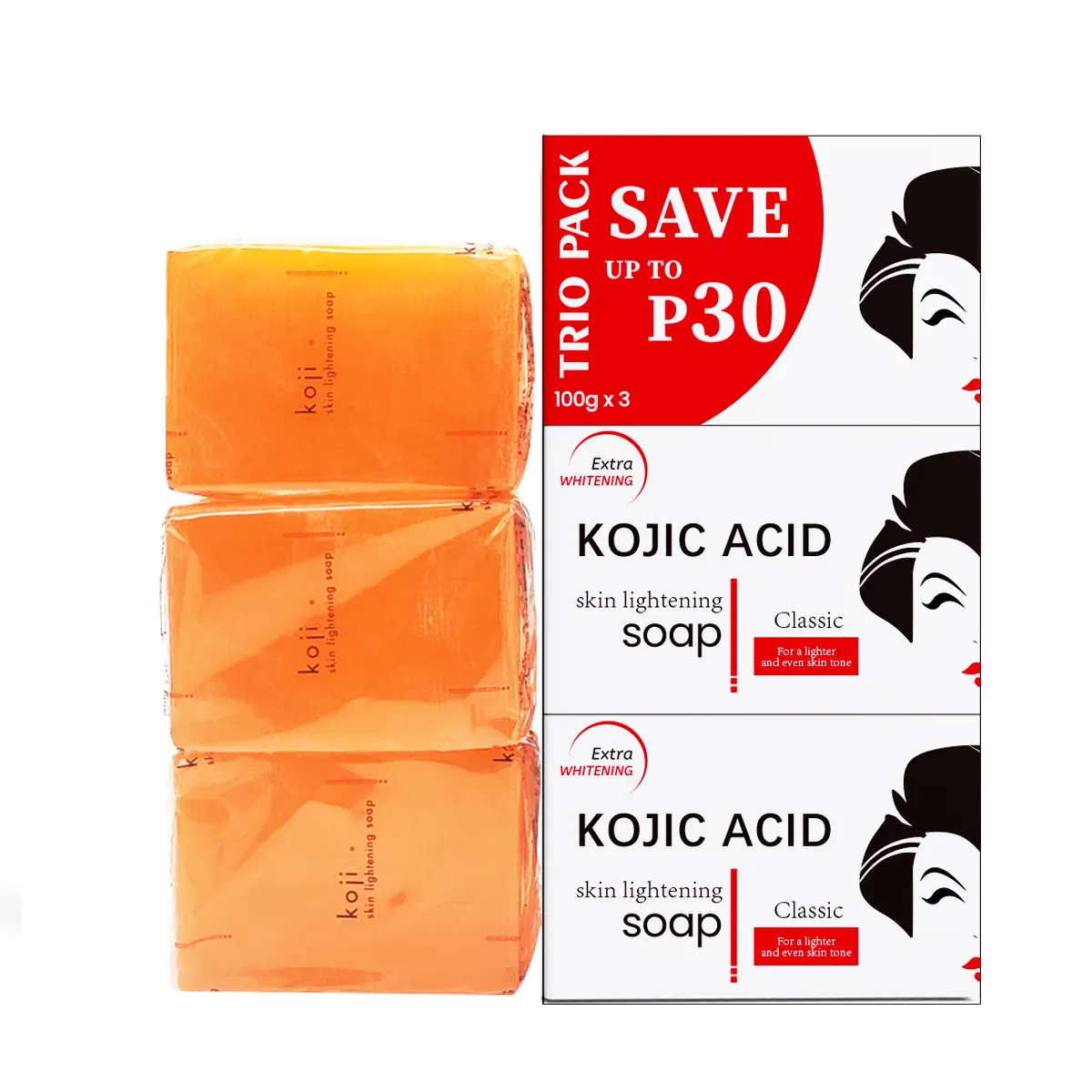 20 лет, оптовая продажа от фабрики, Отбеливающее женское мыло для ванны, мыло Kojic Acid, чистящее мыло хорошего качества, Kojic Acid Trio Pack, 100 г * 3