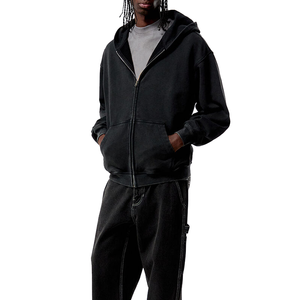 Felpa con cappuccio full zip nera lavata all'ingrosso, personalizzabile con ricamo, in cotone pesante 100%, oversize, vintage, con cerniera - Product Image 4