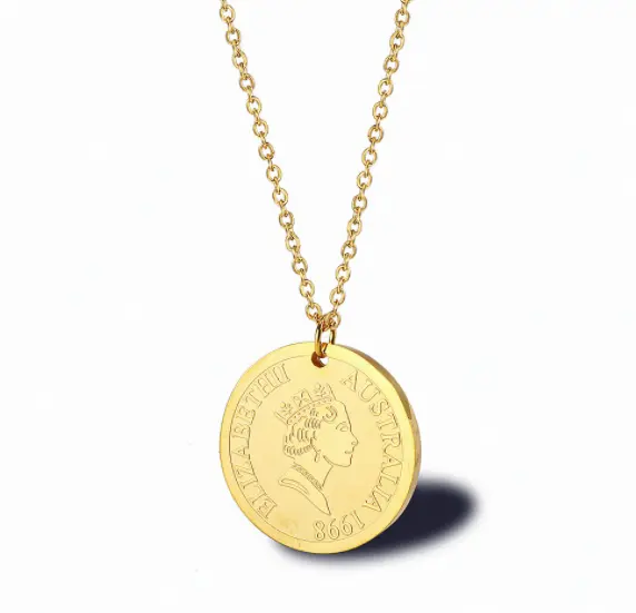 Fashion Jewelry Wholesale 18K Gold Plated Queen Elizabeth Image Dollar Round Coin Pendant Necklace