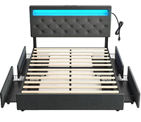 Cadre de lit double avec station de charge et éclairage LED, lit rembourré en tissu avec tête de lit réglable et 4 tiroirs de rangement