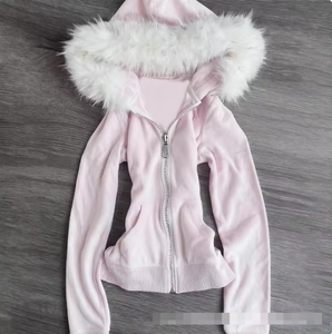 Sudadera con capucha rosa vintage Y2K estilo Spice Girl para mujer, diseño de otoño/invierno con cremallera y capucha de lana, corte ajustado y cintura estrecha. - Product Image 1