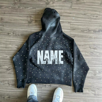 Sweat à capuche zippé de haute qualité, style streetwear, ourlet côtelé, 100% coton, longueur standard, imprimé, bords bruts, effet vintage, strass