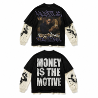T-shirt Homme Manches Longues Oversize à Motif Hip-Hop Streetwear, Design Superposé, Grammage Lourd, Fabrication OEM Personnalisée, Vente en Gros