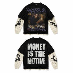 Maglietta a Maniche Lunghe da <span class=keywords><strong>Uomo</strong></span> con Design a Strati, Oversize, Stile Hip Hop, Stampa Grafica, Produzione OEM Personalizzata all'Ingrosso - Product Image 1