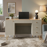 Bureau d'ordinateur moderne cannelé, écologique et durable, avec plateau en chêne clair, 3 tiroirs, pieds dorés, rangement intégré, pour bureau et domicile