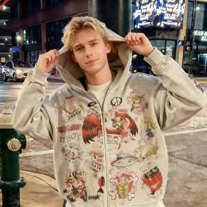 Sweat à capuche zippé pour homme en coton côtelé à ourlet court, style Y2K, avec impression graphique personnalisée - Product Image 5