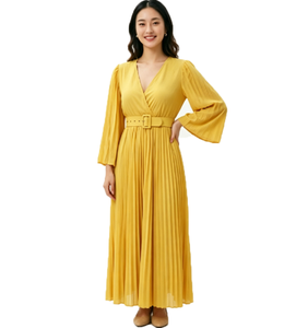 <span class=keywords><strong>Vestido</strong></span> Maxi Amarillo con Cuello en V y Pliegues, Mangas Farol, Falda en Línea A con Cinturón, Elegante para Invitadas a Bodas de <span class=keywords><strong>Verano</strong></span> - Product Image 1