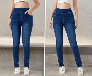 Women's Denim <strong>Lined</strong> Thermal Flannel Tummy Control High Waisted Skinny <strong>Jeans</strong> Simple Woven Autumn Machine Wash Imported - Product Image 4