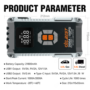 Démarreur de moto super puissant 12V 21800mAh avec batterie au lithium, crête de 2000A, compresseur d'air intégré, lumière LED et batterie externe pour téléphone - Product Image 4