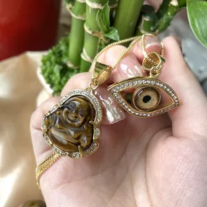 Conjuntos de joias da moda em aço inoxidável pvd banhado a ouro com diamantes, pingentes de Buda, pingentes de olhos maus, pedra de olho de tigre, colar para mulheres