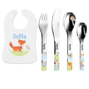 Regalo di nascita: Posate per bambini Puresigns Woody (4 pezzi) con incisione + bavaglino con nome Volpe - Product Image 1