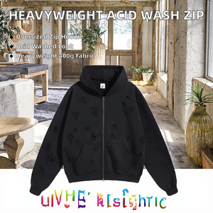 Sudadera con capucha y cremallera para hombre, de punto grueso, teñida lisa, con efecto desgastado y lavado ácido, de corte oversize, para invierno - Product Image 2