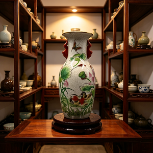 Vase en porcelaine craquelée <span class=keywords><strong>de</strong></span> Jingdezhen, motif lotus et <span class=keywords><strong>canard</strong></span> mandarin, vase en céramique à double anse - Product Image 2