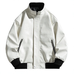 <b>Men's</b> <b>White</b> <b>Jacket</b> Stand Collar Zipper Casual Autumn Style Regular Fit Embossed Texture Solid Color - Product Image 1