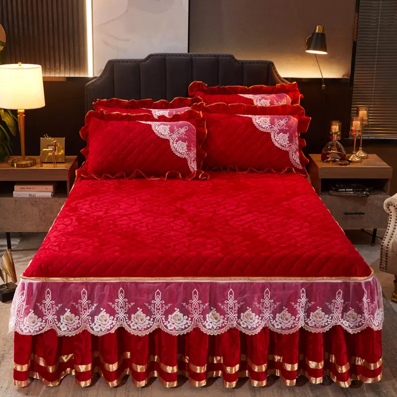 Cotton thickened bedspread washed non-slip mattress cover bedding sets 2-in-1 red wedding bed skirt sheets