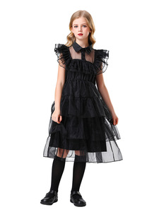 Vestido Gótico Oscuro de Princesa para Niñas con Falda Escalonada y Cuello de Tul, <span class=keywords><strong>Disfraz</strong></span> <span class=keywords><strong>Infantil</strong></span> para Halloween y Fiestas Temáticas - Product Image 5