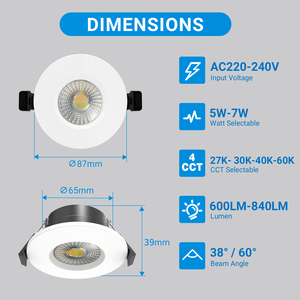 Faretto da Incasso Isolato AC220-240V 5W/7W Selezionabile 4CCT, Diametro 87mm, Materiale in Alluminio Pressofuso, 5 Anni di Garanzia - Product Image 2