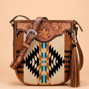 Sac bandoulière messager pour femme en cuir véritable, léger, style bohème western, avec pompons, motif géométrique et fermeture éclair, forme couverture de selle - Product Image 1