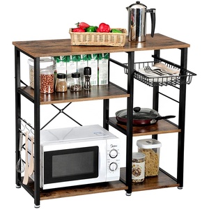 Chariot de cuisine en métal bon marché avec panier chariot utilitaire Portable de micro-ondes avec rangement sur roues support d'étagère supérieur en bois - Product Image 3