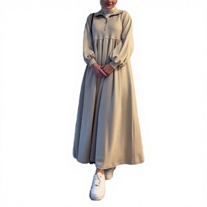 Simple Solid Color Long Sleeve Maxi <b>Dress</b> With Mock Neck And Zipper Elastic Waist A-Line <b>Loose</b> Fit Casual Daily Wear Woven - Product Image 2