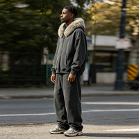 Veste streetwear oversize en molleton épais 100% coton, délavée à l'acide, style vintage, avec col carré amovible, fermeture éclair intégrale et logo personnalisé en relief