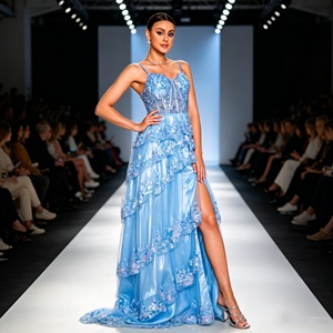 Vestido de Noche Elegante Azul Claro con Lentejuelas para Mujer, Vestido de <span class=keywords><strong>Fiesta</strong></span> Sirena con Tirantes Finos y Corsé, con Abertura Alta - Product Image 2