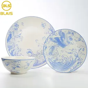 Guangzhou factory customized ceramic porcelain 12 pcs blue plates sets dinnerware for supermarket