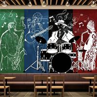 Peinture murale personnalisable style Art déco, motif notes de musique, saxophone, batterie, guitare, groupe de jazz, color block, pour intérieur industriel