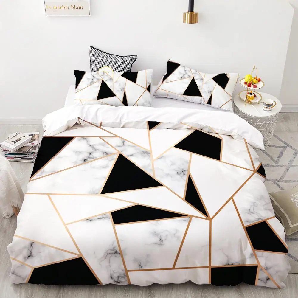 Morbida microfibra marmo duvet cover set oro bianco geometrica set di biancheria da letto