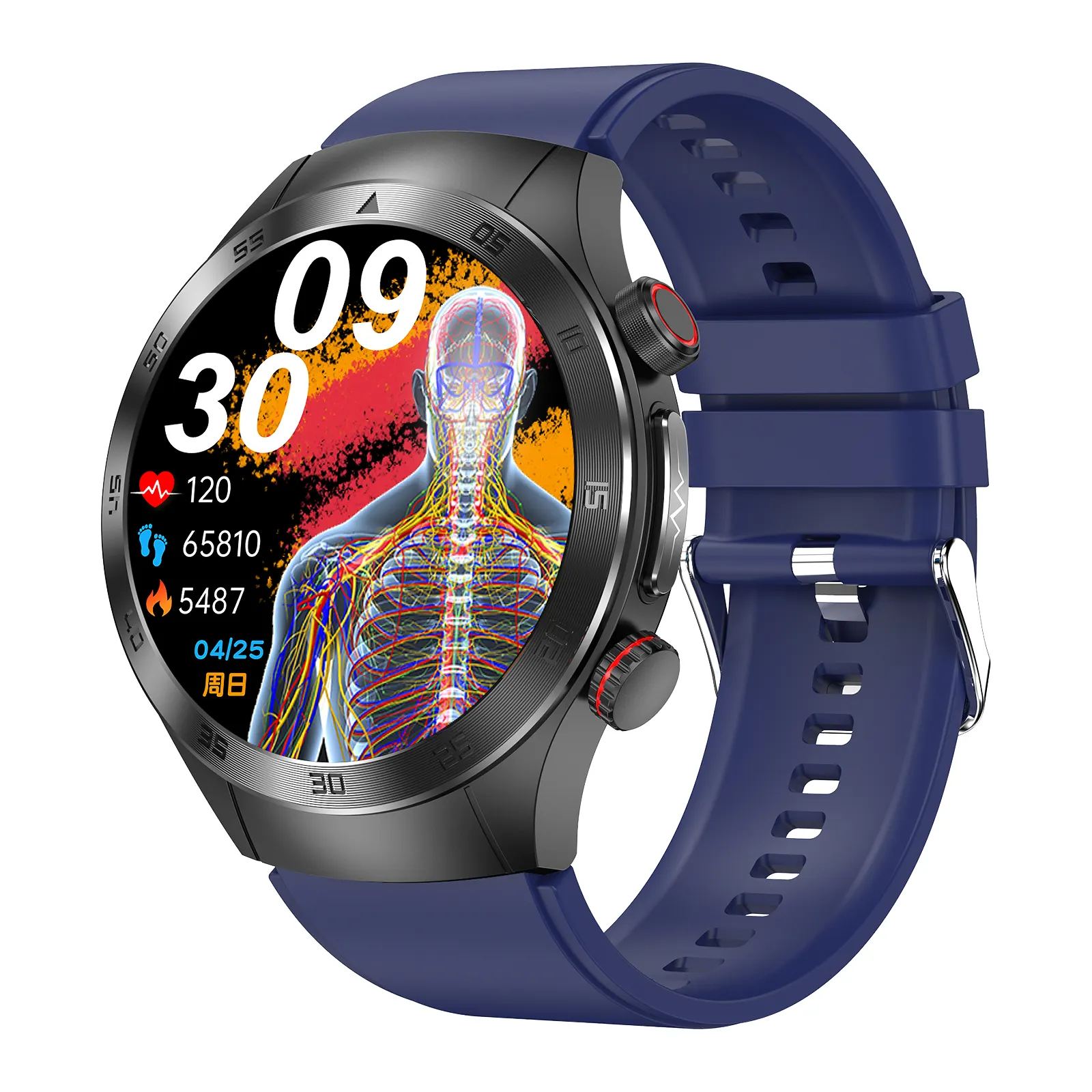 E800 jam tangan pintar AMOLED 1.43 inci, jam tangan pintar tingkat medis Chip Daya sangat rendah 5.2 BLE terapi kesehatan Laser ECG HRV asam urat