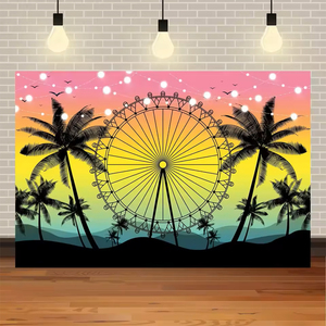 Fondo Fotográfico Musical para Fiesta de Cumpleaños con Temática de Rueda Gigante al Atardecer junto al Mar, Festival, Boda, Vacaciones Tropicales de Hawái con Palmeras de Coco - Product Image 4