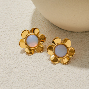 Flower <b>Stud</b> <b>Earrings</b> 18K Gold Plated Stainless Steel Opal Inlay Bezel Setting For Gift Jewelry Women Fashion Accessories - Product Image 4