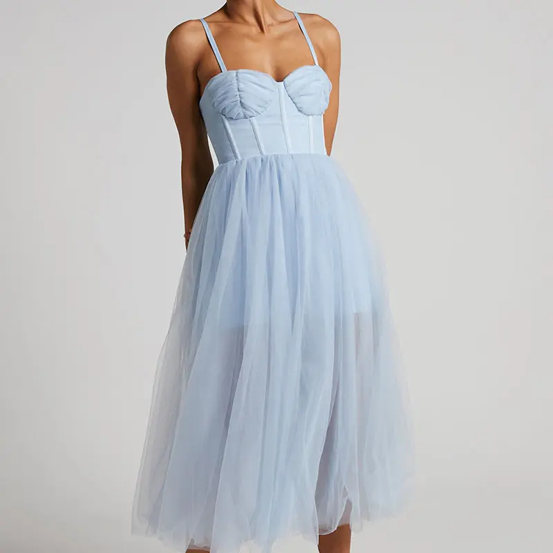 Elegant Bustier Bodice Dress Ruched Bust Cups Tulle Midi Skirt Ribbon Straps A-line Silhouette Party Club Wedding Dress