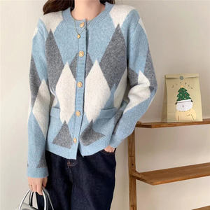 Cárdigan de punto con bloqueo de color rombo y cuello redondo para <span class=keywords><strong>mujer</strong></span> estilo Otoño e Invierno informal para <span class=keywords><strong>mujer</strong></span> - Product Image 6