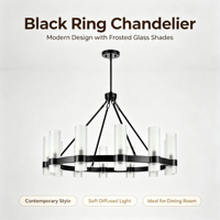 Lustre moderne noir en forme de roue de chariot, 12 lumières, hauteur réglable, suspension LED, abat-jour en verre dépoli cylindrique, en métal pour plafond