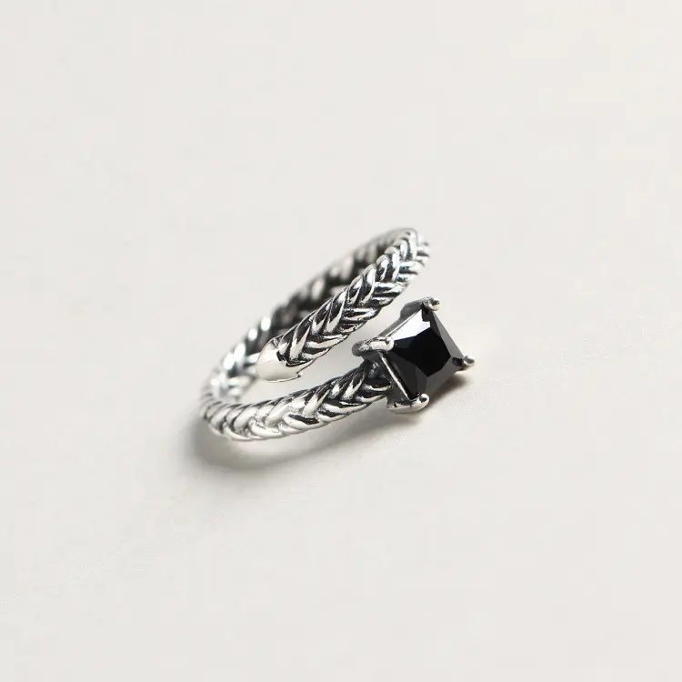 Vintage 925 Sterling Silver Handmade Braided Black Zircon Wedding Rings Jewelry For Women Wholesale