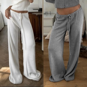 Pantalon ample à jambe droite à taille élastique à cordon de serrage, couleur unie, décontracté, basique, confortable, côtelé pour femmes - Product Image 2