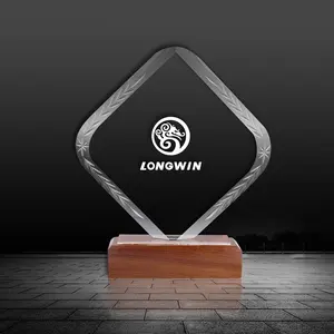 New Design High Quality Custom Laser Engraving Wooden Base Glass Crystal Trophy Award