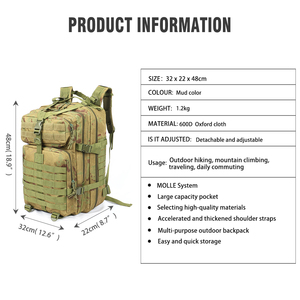 Mochila Táctica ODM OEM de Fábrica, Mochila Táctica Impermeable MOLLE de Gran Capacidad para Senderismo, Caza y Actividades al Aire Libre - Product Image 2